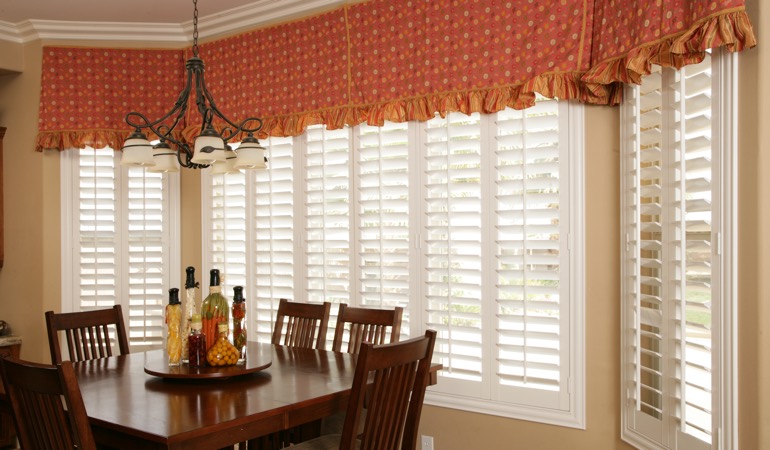 Plantation shutters in Dallas dining room.